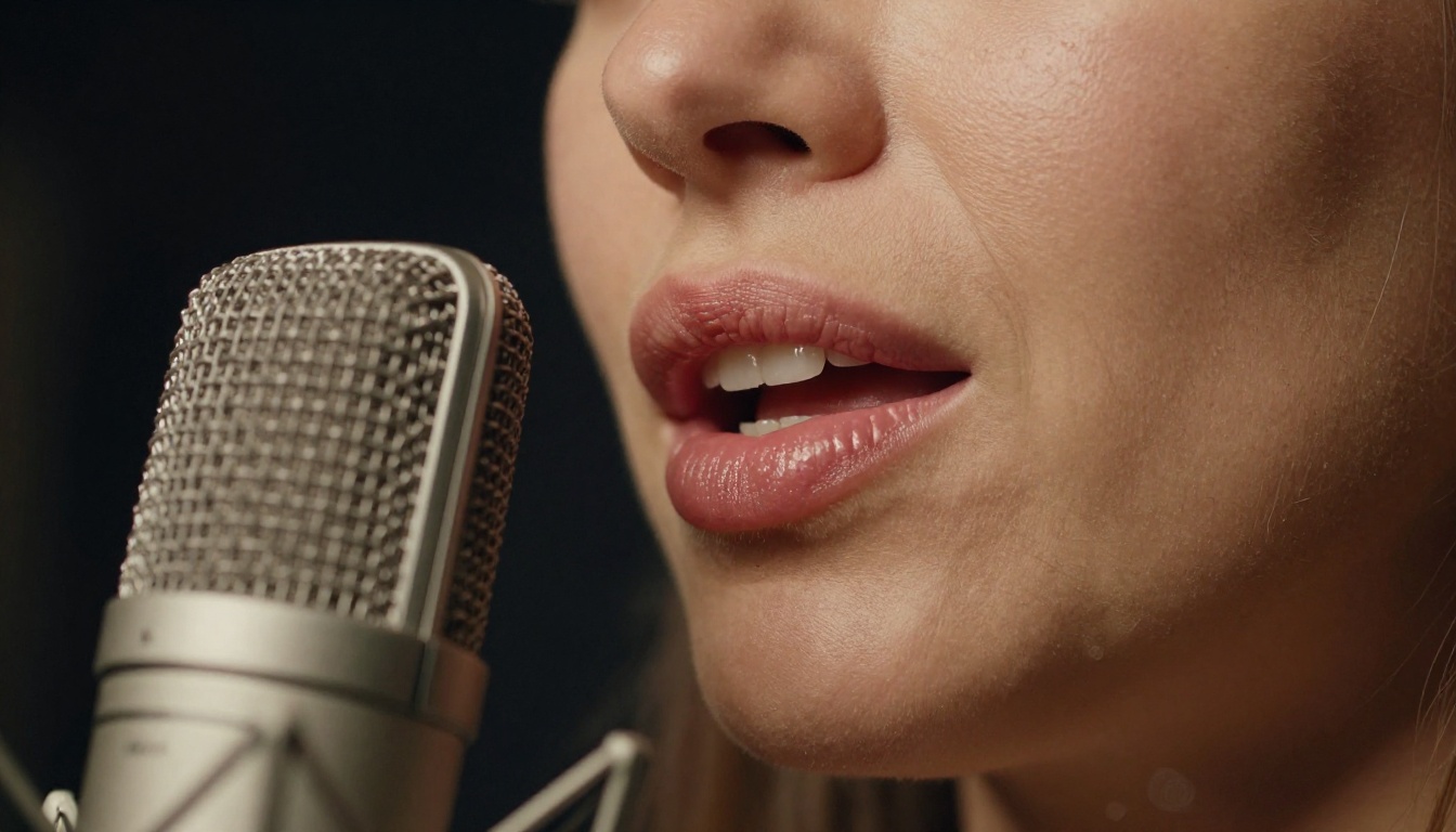A creator speaking into a professional condenser microphone in a warmly lit studio setting A creator speaking into a professional condenser microphone in a warmly lit studio setting