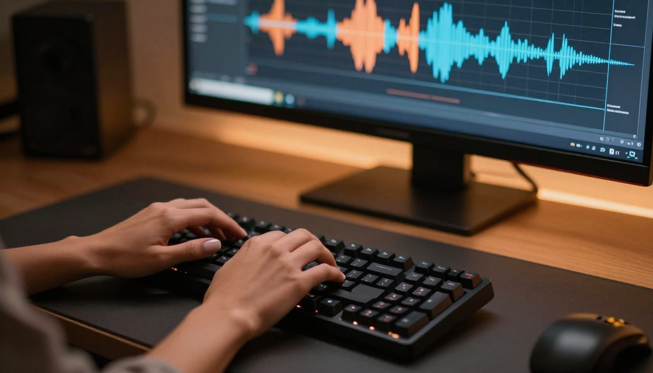 A woman's hands typing scripts on a keyboard with audio waveforms visible on the screen A woman's hands typing scripts on a keyboard with audio waveforms visible on the screen