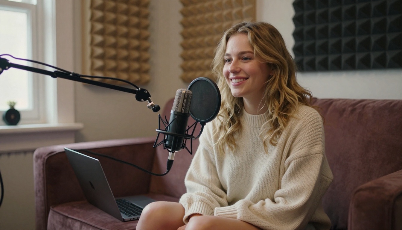 A woman recording in a cozy home studio setup with acoustic foam panels on the wall A woman recording in a cozy home studio setup with acoustic foam panels on the wall