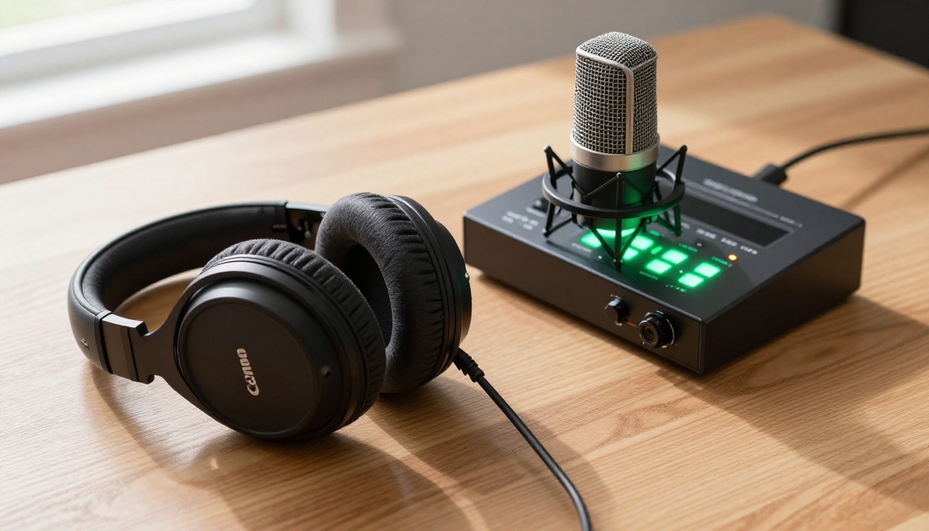 Close-up of a professional USB microphone and studio headphones on a wooden desk Close-up of a professional USB microphone and studio headphones on a wooden desk