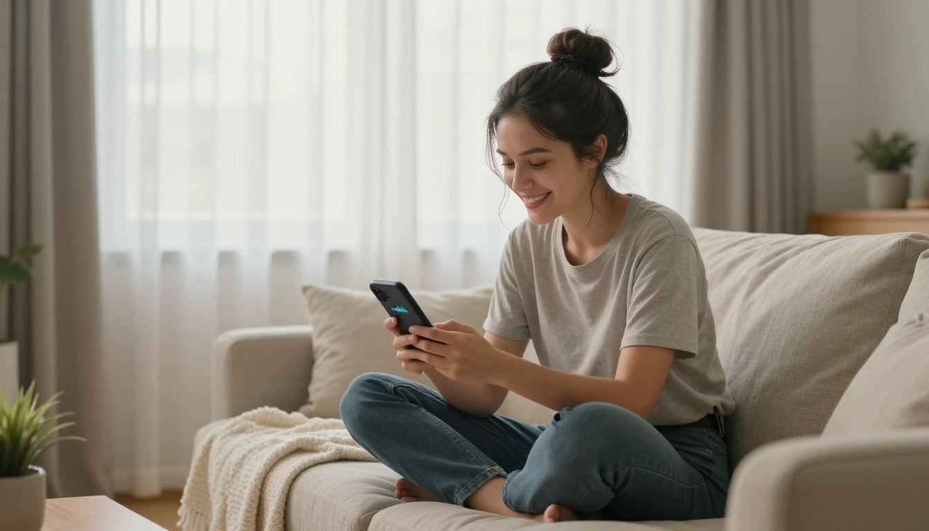 A woman sitting relaxed on a sofa, checking audio output on her phone in a bright minimal living room A woman sitting relaxed on a sofa, checking audio output on her phone in a bright minimal living room