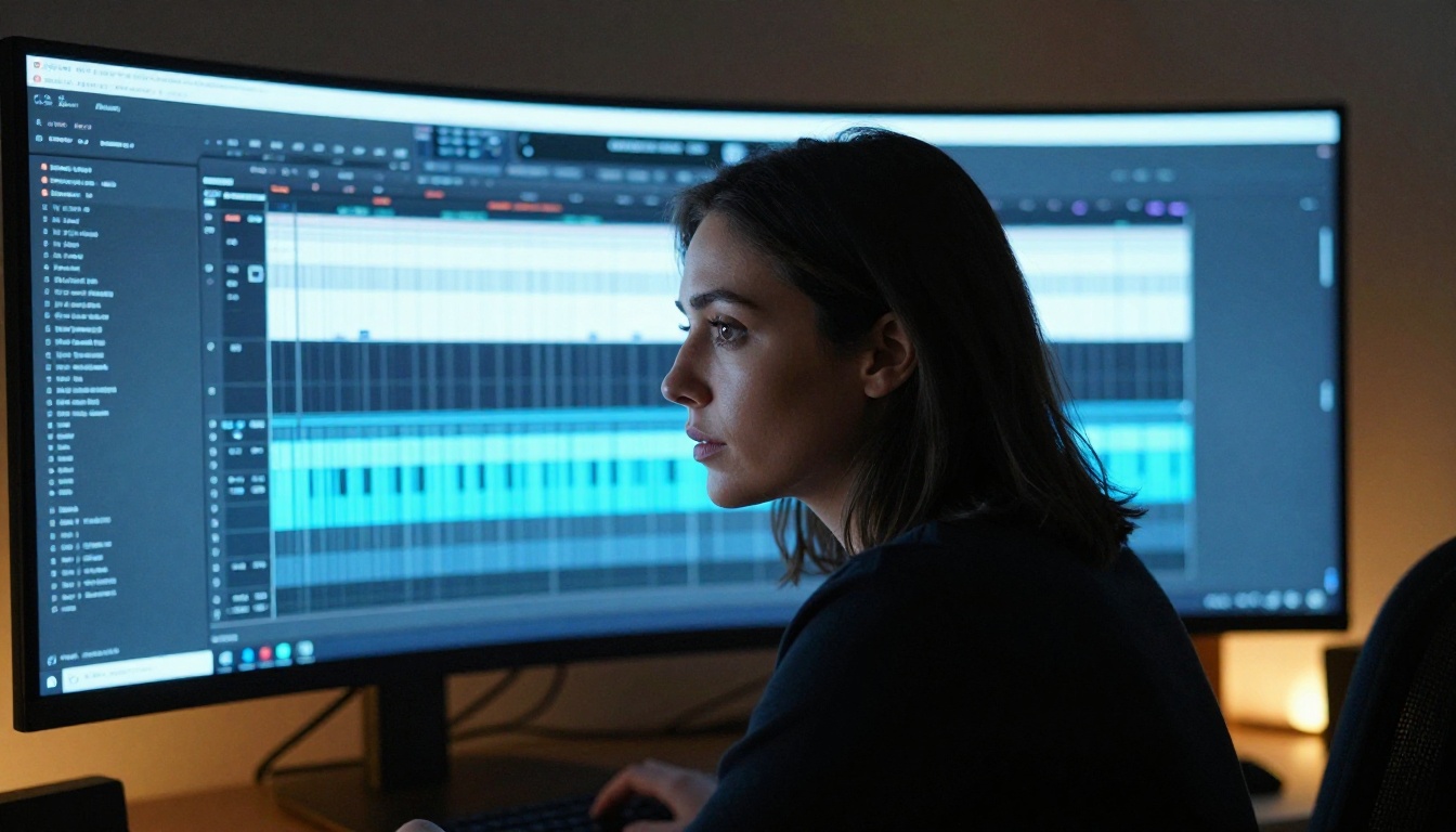 A woman in profile focused on an audio workstation with multiple waveform tracks on a curved monitor A woman in profile focused on an audio workstation with multiple waveform tracks on a curved monitor