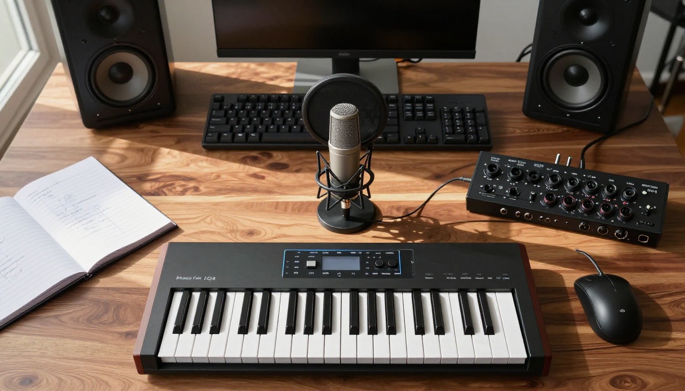 Aerial flat-lay of a professional audio production desk with microphone, keyboard, audio interface and script notes Aerial flat-lay of a professional audio production desk with microphone, keyboard, audio interface and script notes