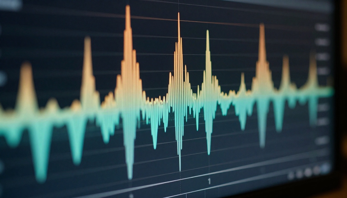 A glowing audio waveform on a monitor screen with warm amber and teal color gradients