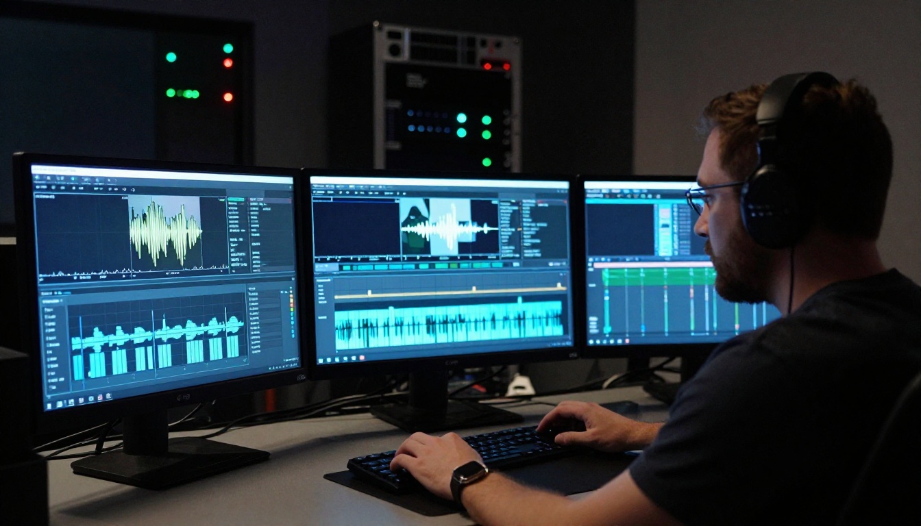 A professional video editor in a dark post-production studio surrounded by three curved monitors showing timelines and waveforms