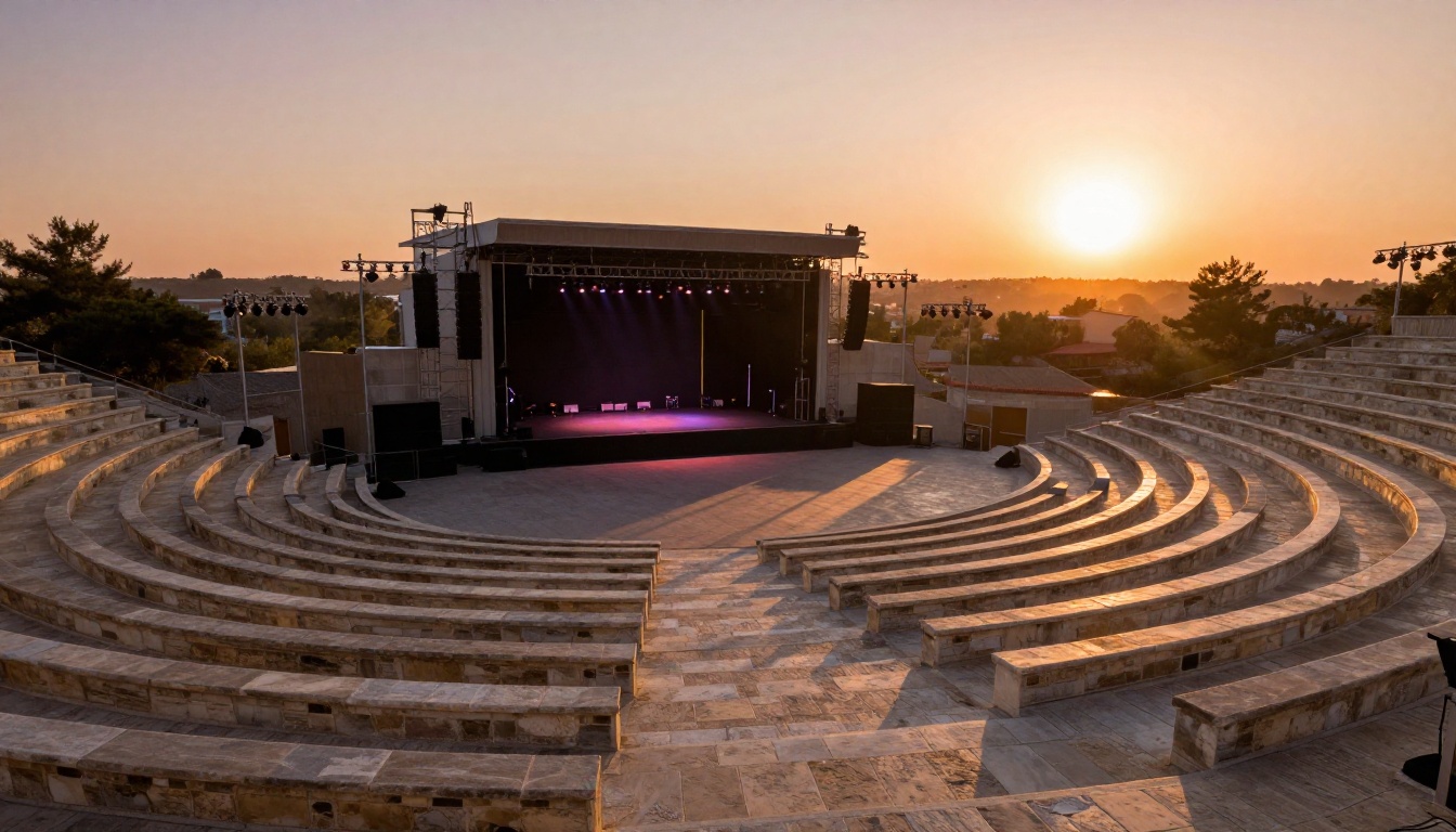 An empty outdoor amphitheater at golden hour with warm sunset light casting long shadows across stone seats and a professional stage