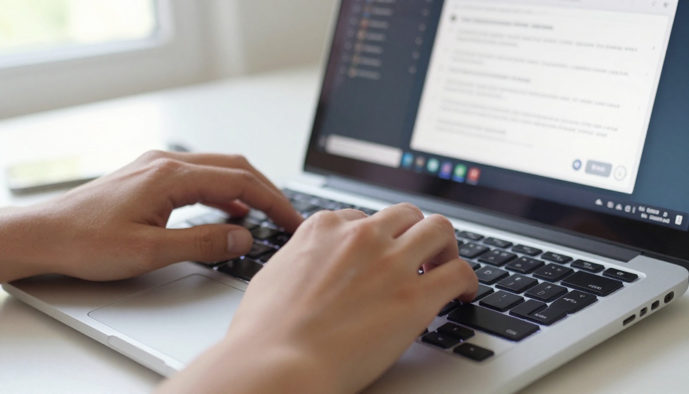 Close-up of hands typing on a backlit mechanical keyboard next to a laptop showing a music generation interface