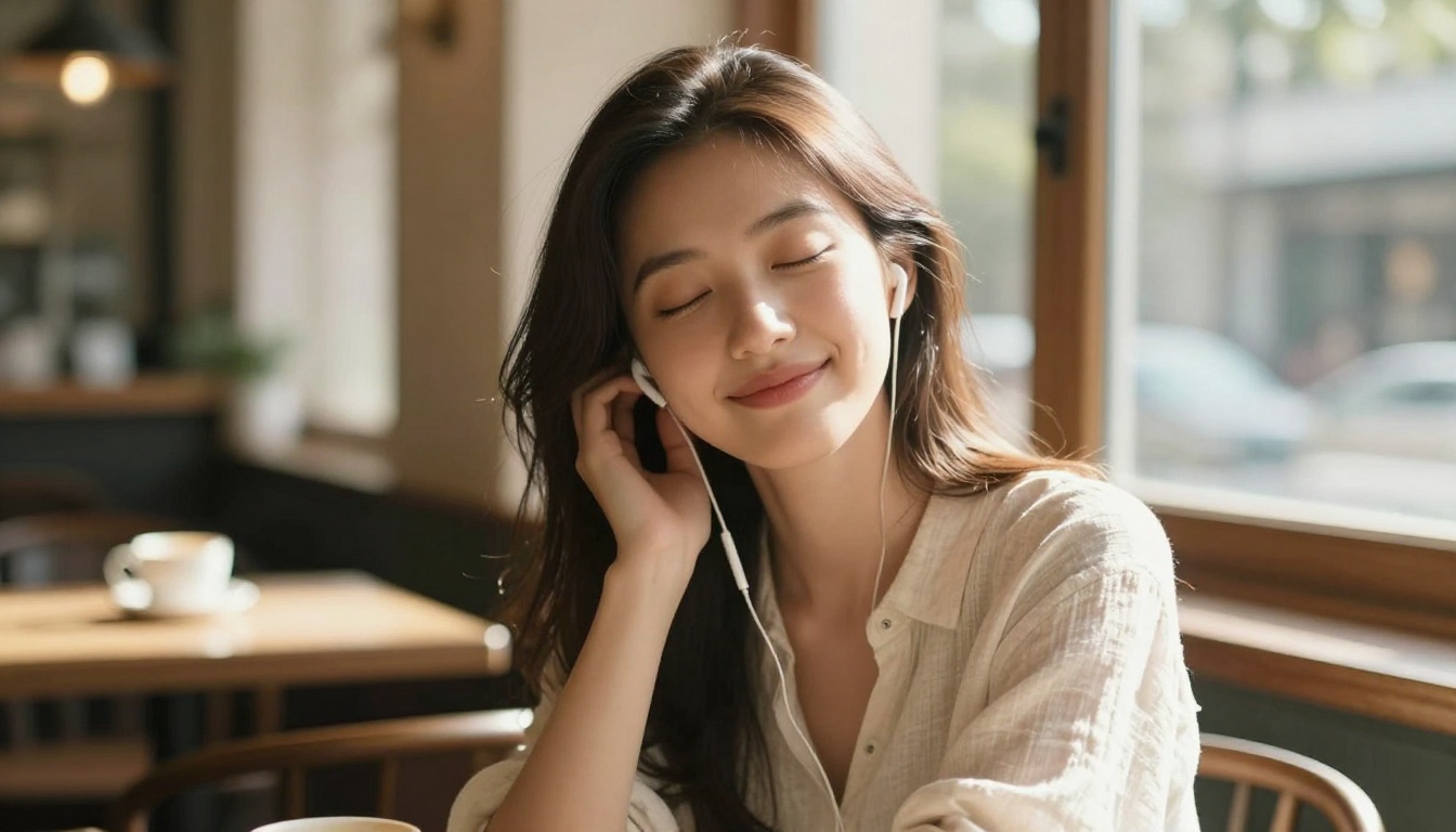 A beautiful woman with eyes closed and wireless earbuds sits in a sunlit café, listening with a peaceful smile
