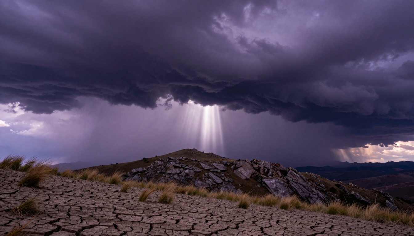 A dramatic dark storm over a remote mountain landscape with massive purple-grey clouds and a single shaft of silver light
