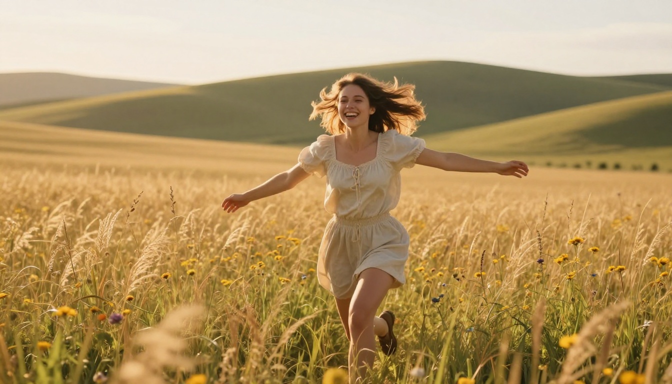 A joyful young woman runs freely through a golden sunlit field of wildflowers with arms spread wide