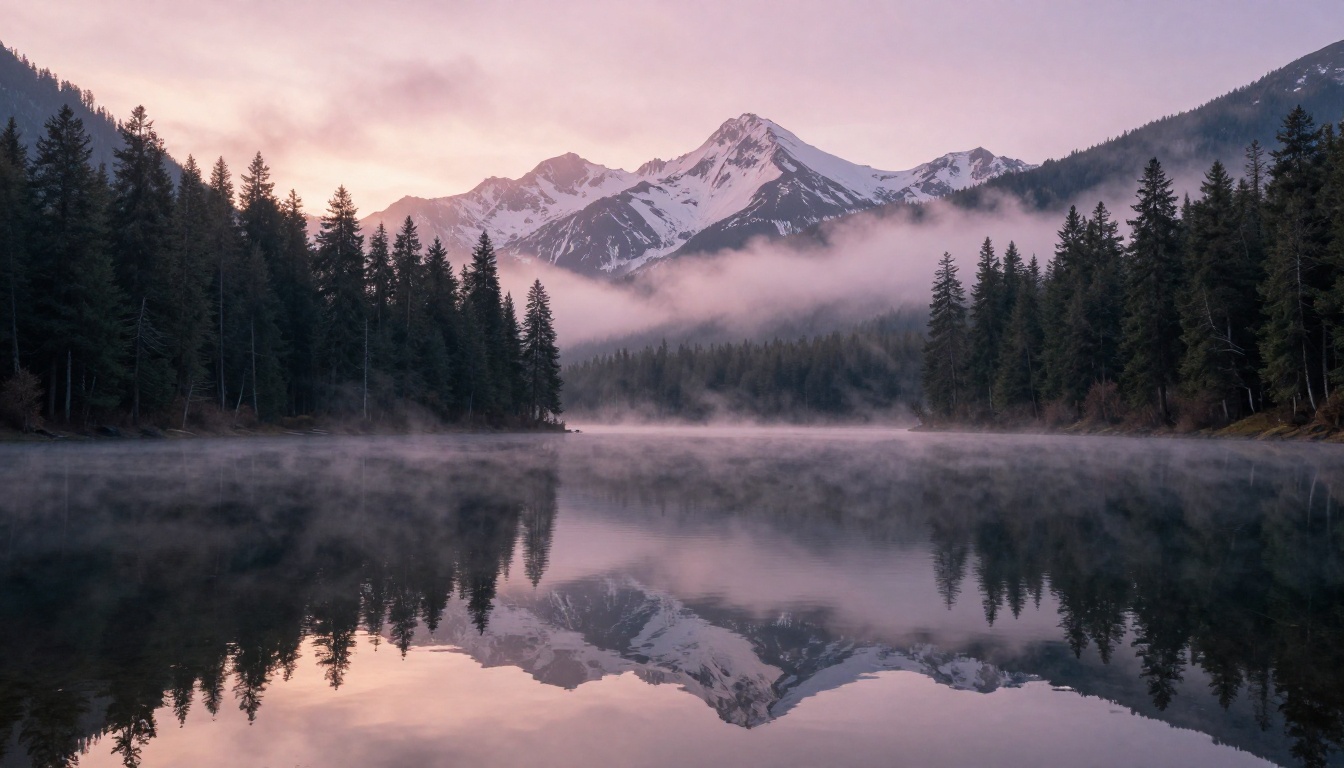 A serene misty mountain lake at dawn with perfectly still water reflecting pink-violet clouds and snow-capped peaks