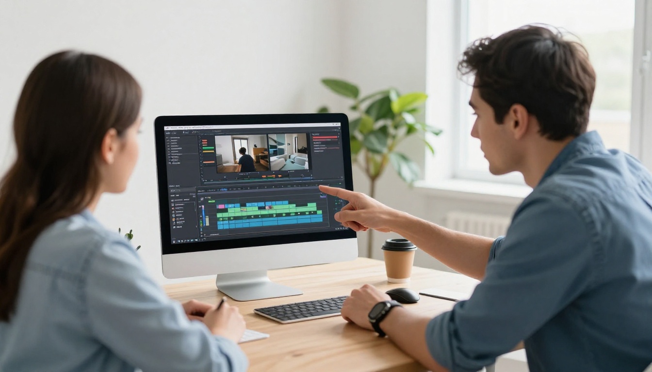 Two creative professionals collaborate at a desk in a bright modern co-working space, looking at a video editing timeline on a laptop