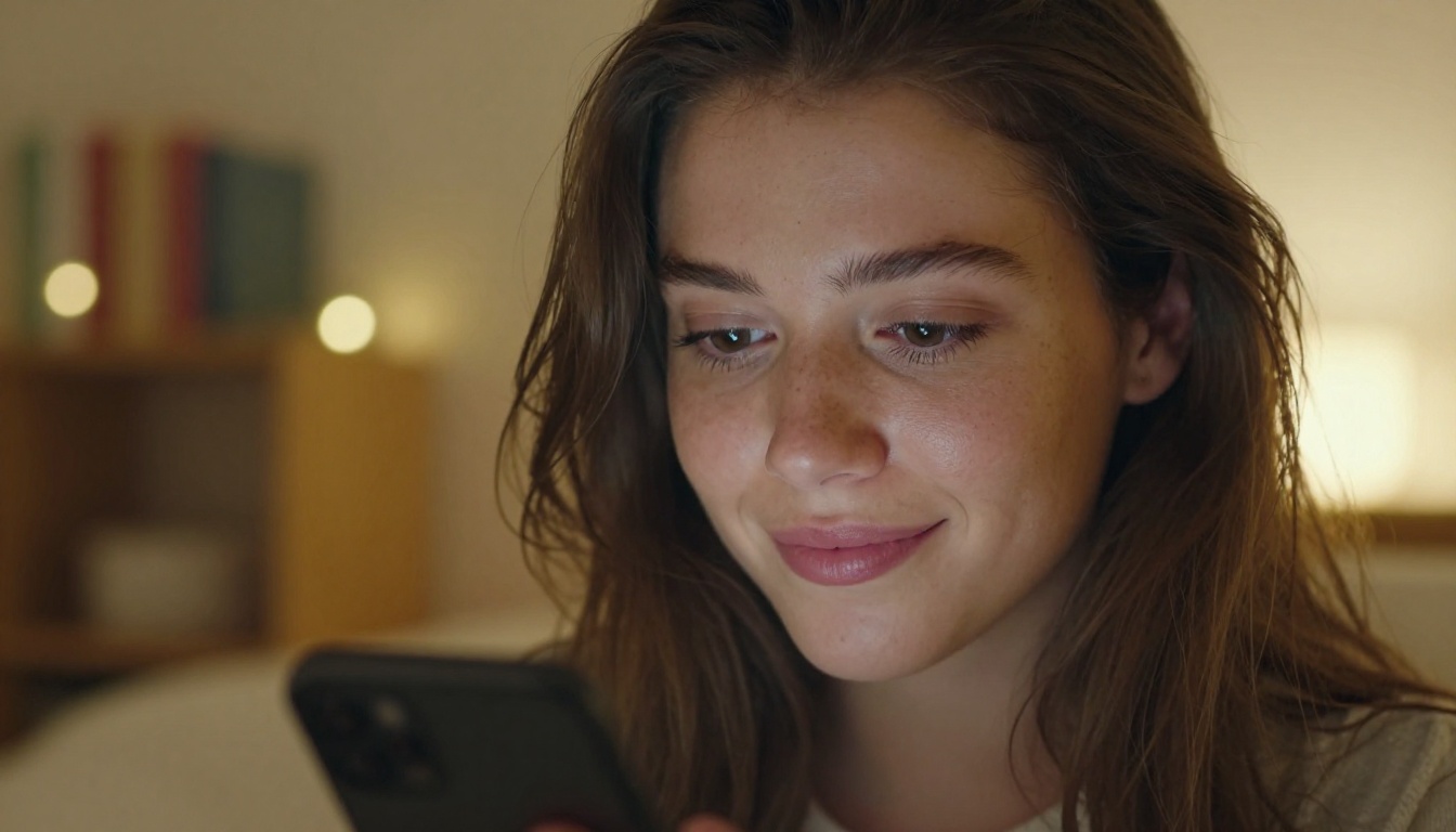 A woman smiles softly at her smartphone in a warm, sunlit apartment, golden hour light filling the room