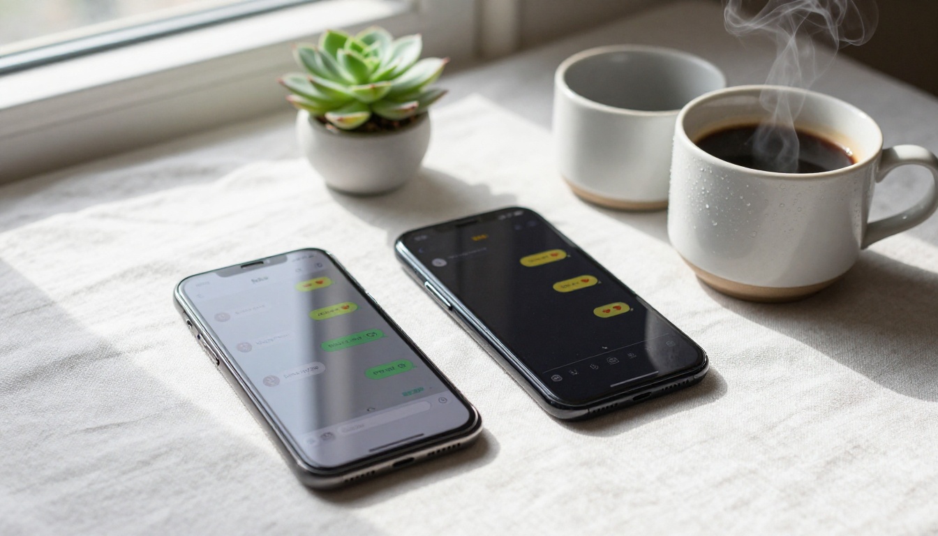 Two smartphones on a white linen surface, one screen displaying an affection meter UI with heart icons