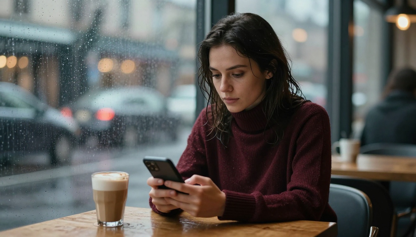 A woman at a rain-streaked cafe window holds a warm latte while gazing at her phone with a tender expression