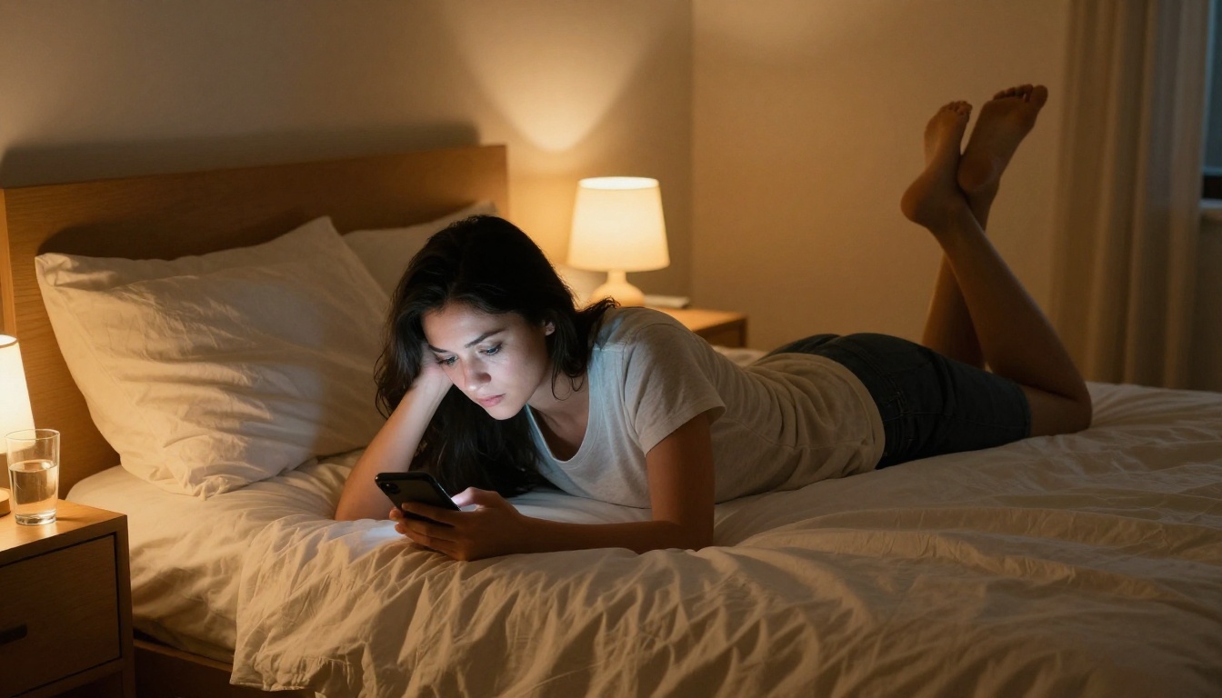A woman lies on her bed at night, absorbed in her glowing phone screen in warm lamp light