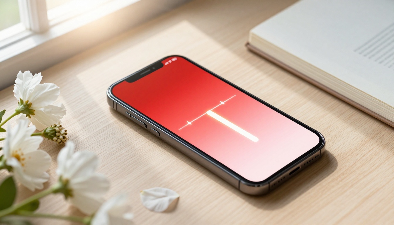 A smartphone on an oak surface beside white flowers displaying a glowing heart affection meter