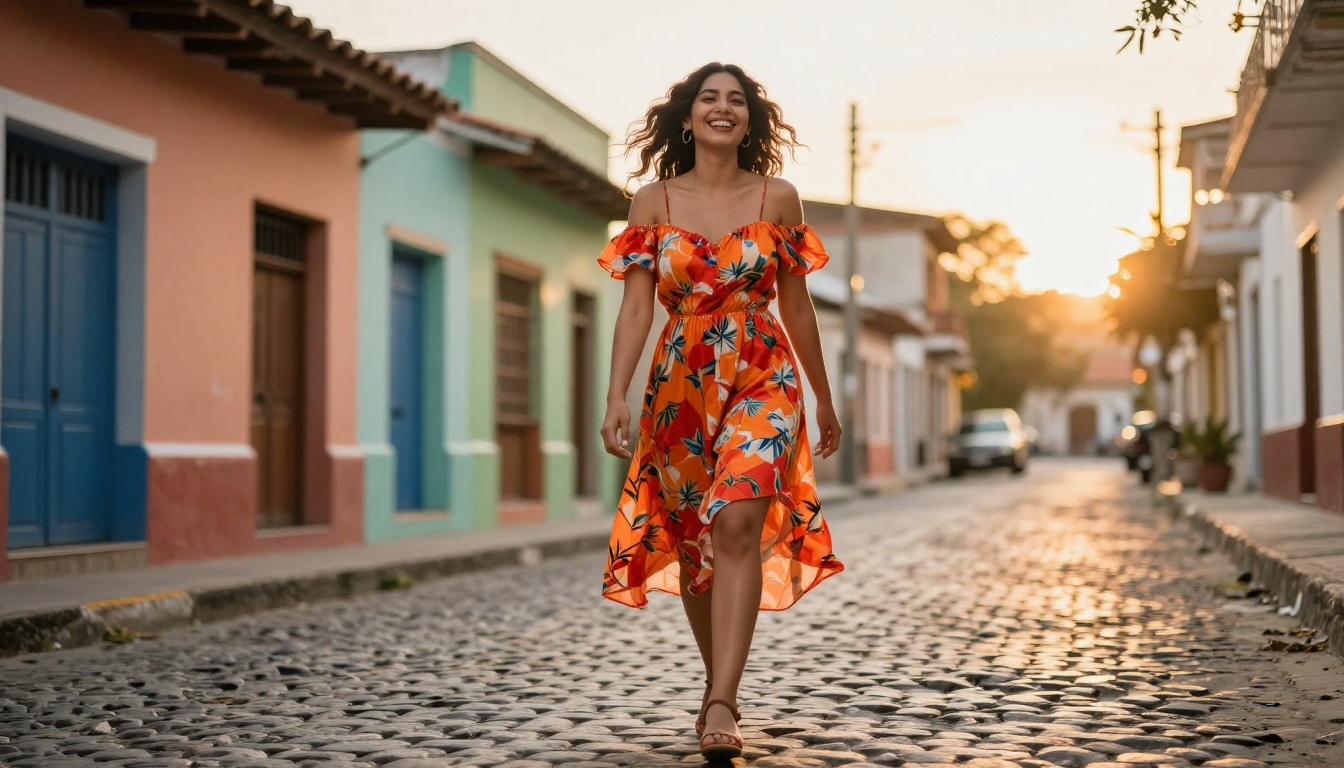 Full body portrait of confident Latina woman laughing on cobblestone street in golden hour light