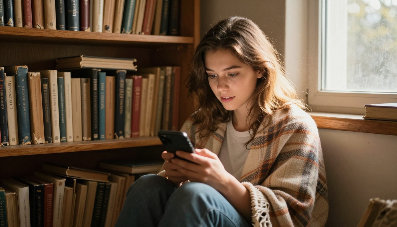 A woman wrapped in a plaid blanket reads an exciting phone message in a warm, bookshelf-filled reading nook
