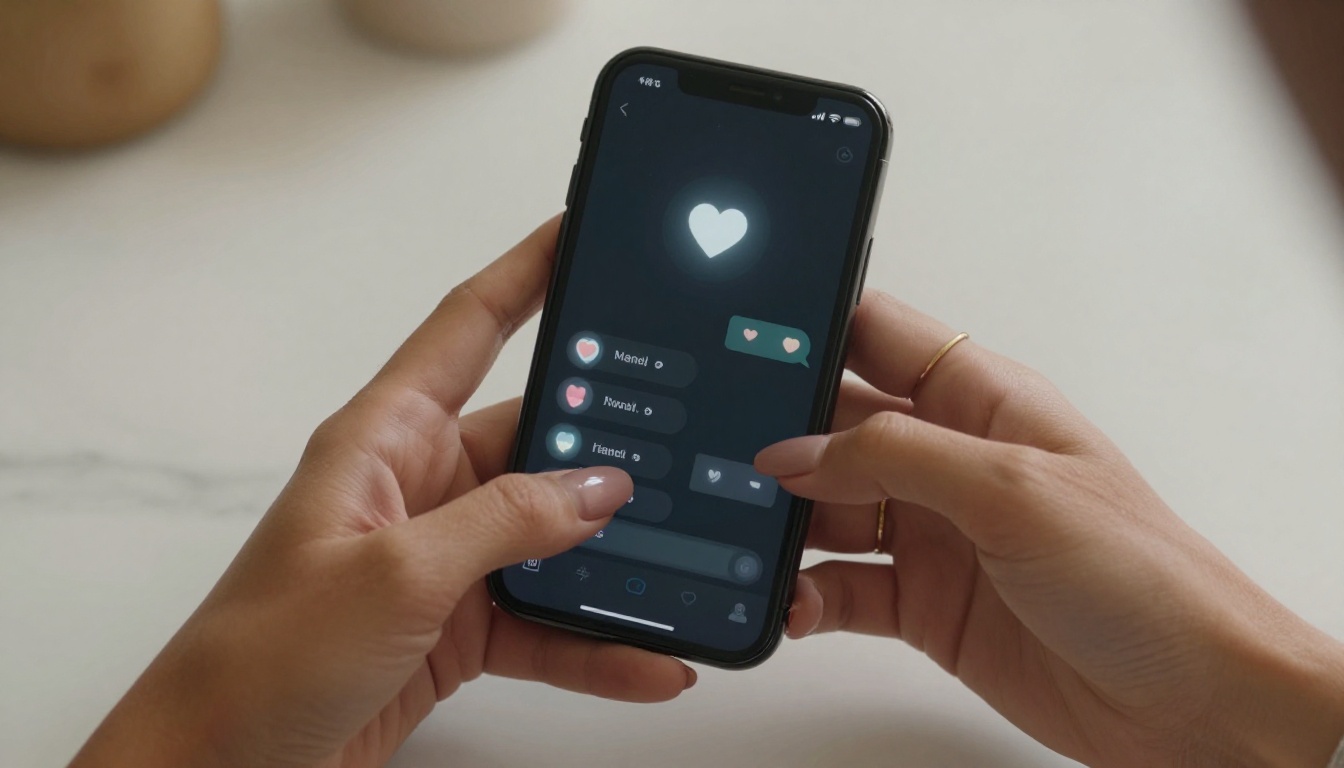 Close-up of a woman's hands holding a smartphone showing an AI chat interface with affection tracking icons