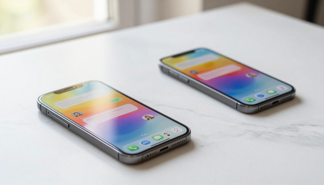 Two smartphones on a marble surface showing chat interface mockups