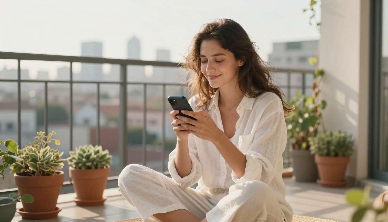 A serene woman on a sunlit balcony holds her phone to her chest with eyes closed, savoring a message she received