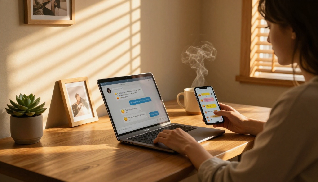 A woman at a golden-hour home workspace beside a laptop, a phone showing colorful affection icons on the desk