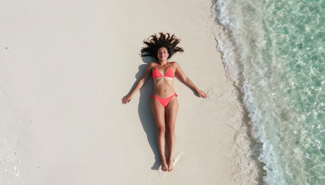 Aerial top-down shot of Latina woman in coral bikini lying on white sand beach with turquoise ocean