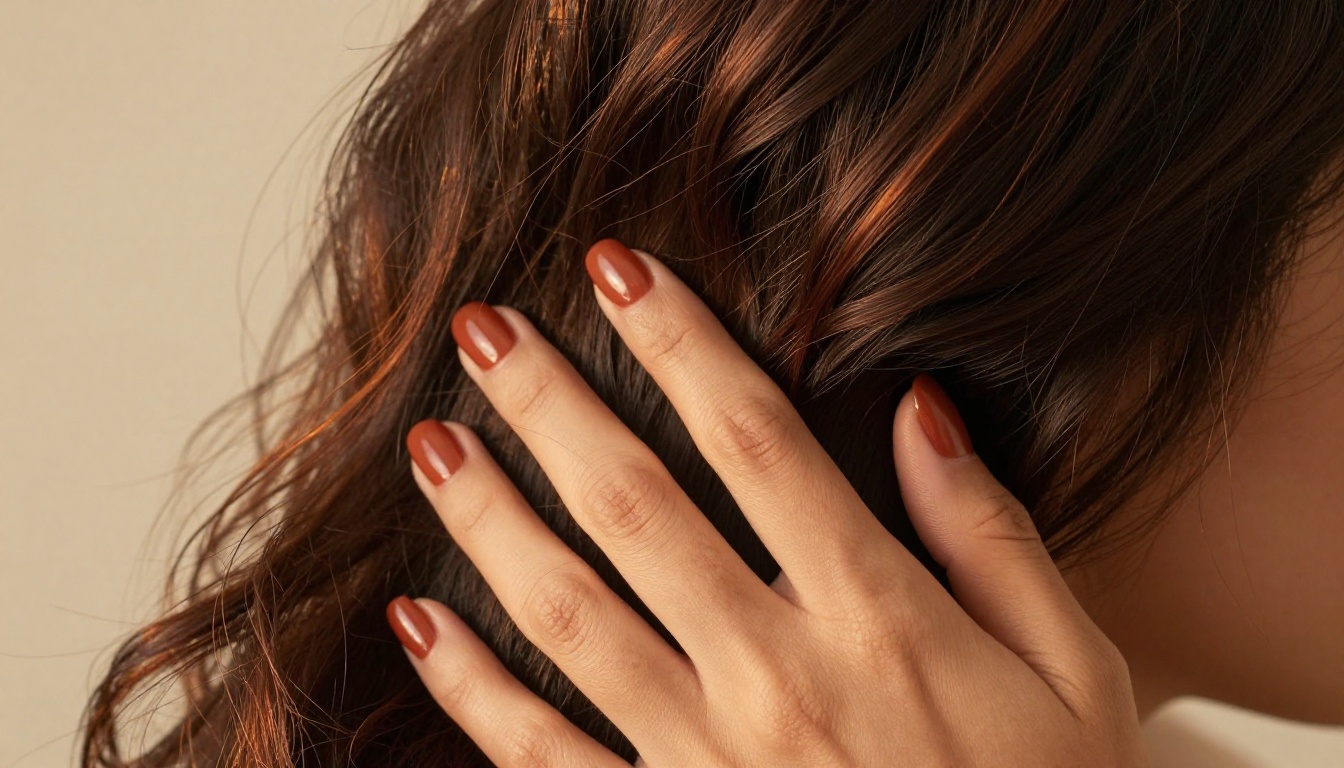 Close-up detail of Latina woman's hands with terracotta nails running through dark wavy hair, warm light
