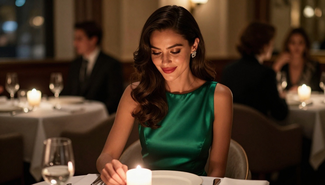 Woman in elegant evening attire at a candlelit restaurant