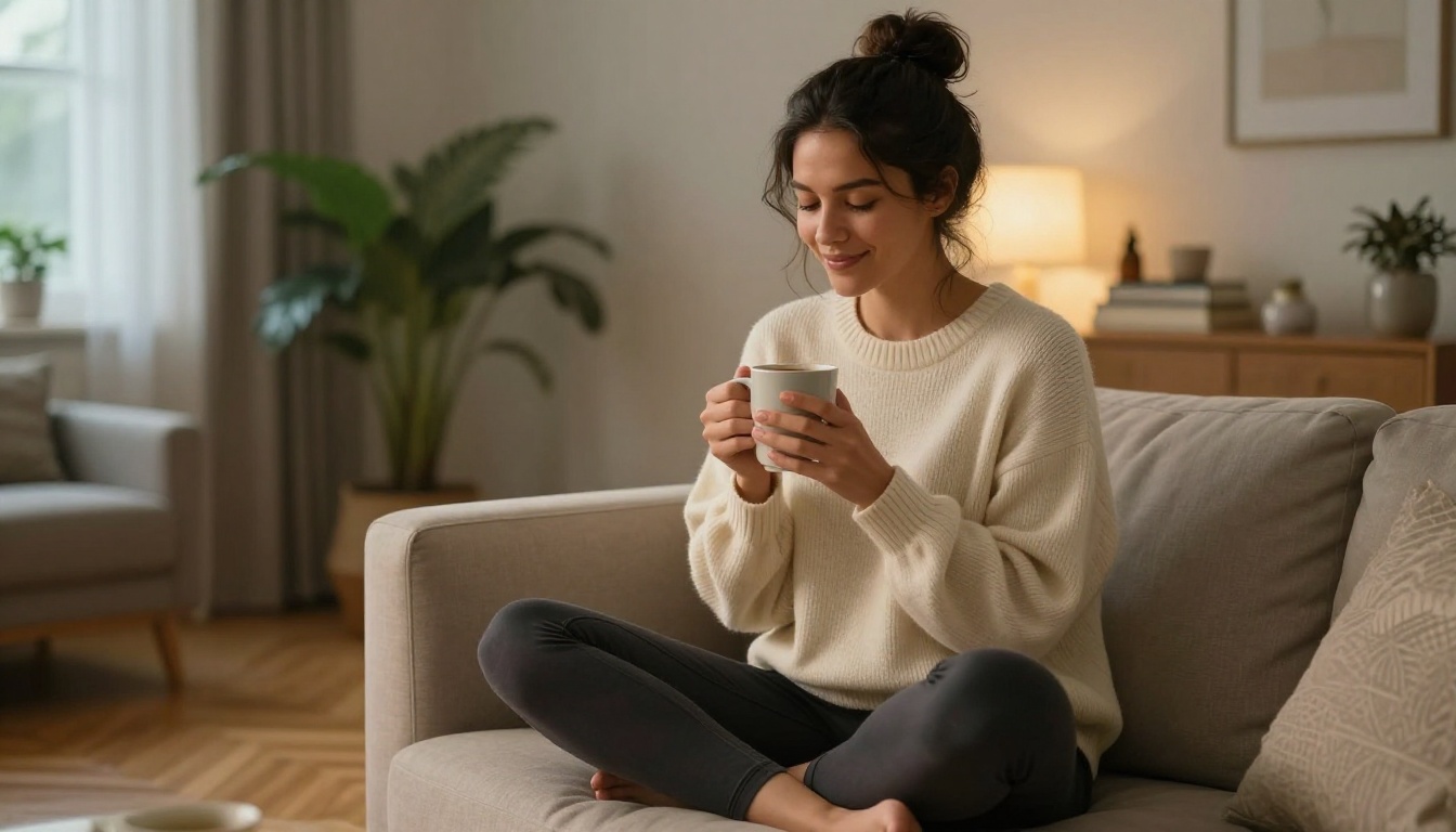 Latina woman in cream knit sweater on couch with coffee mug, warm indoor lifestyle photography