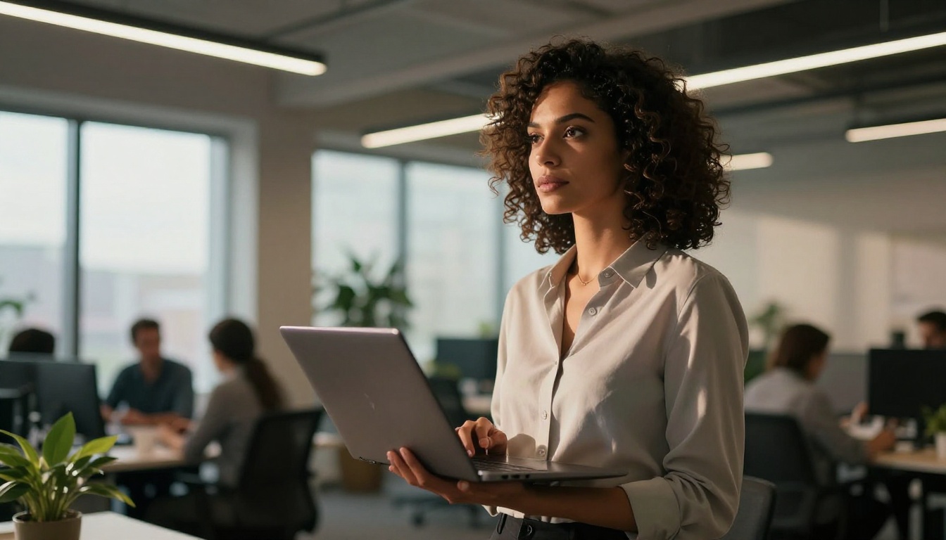 Confident woman in office attire standing in a modern workspace