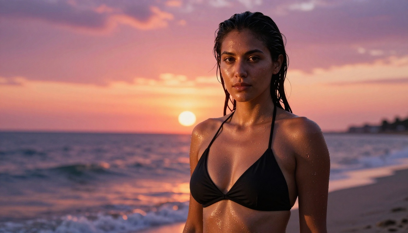 Latina woman at beach sunset in black bikini, golden hour backlight, water droplets on skin