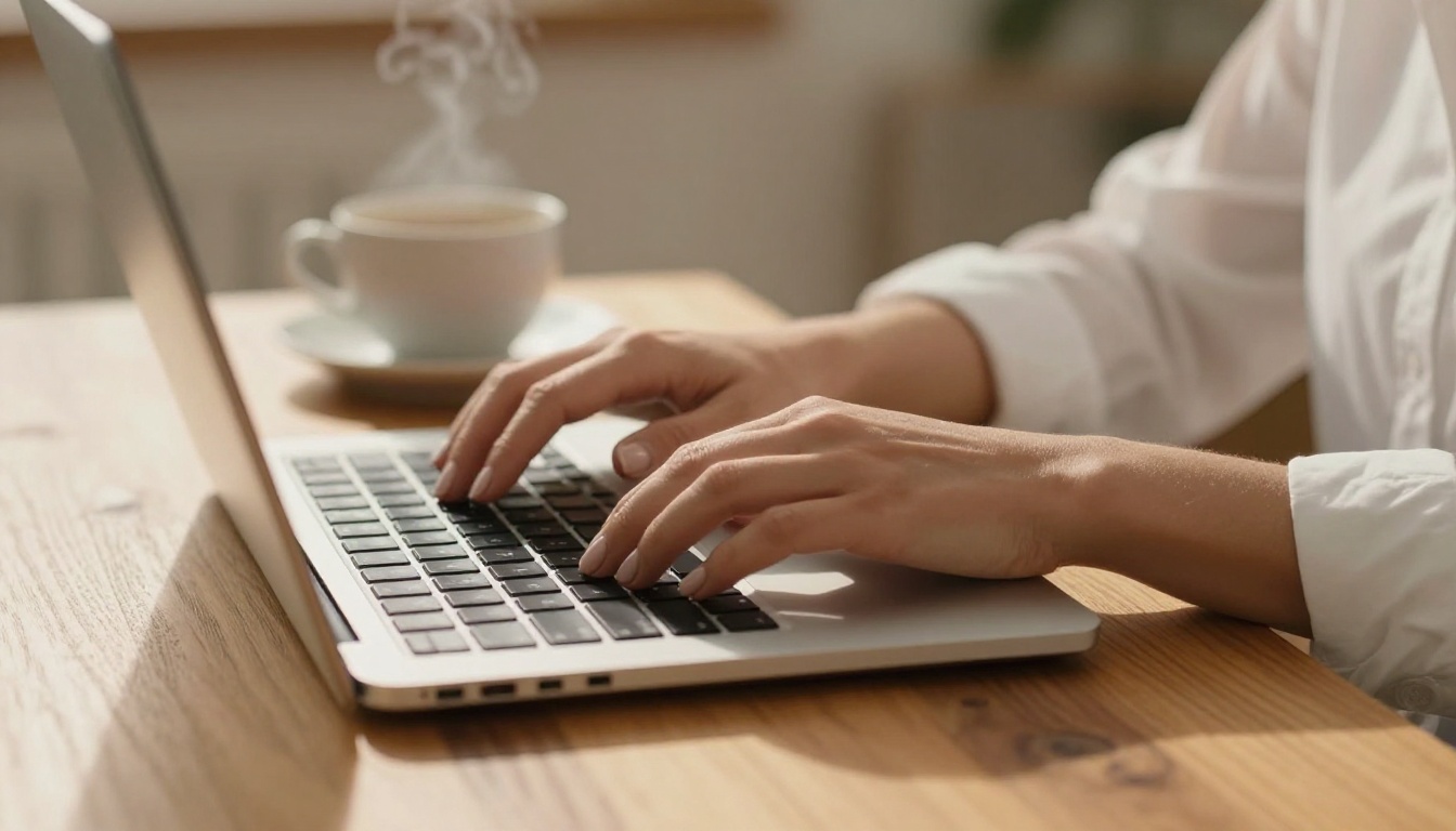 Woman at her laptop with morning coffee, close-up of hands