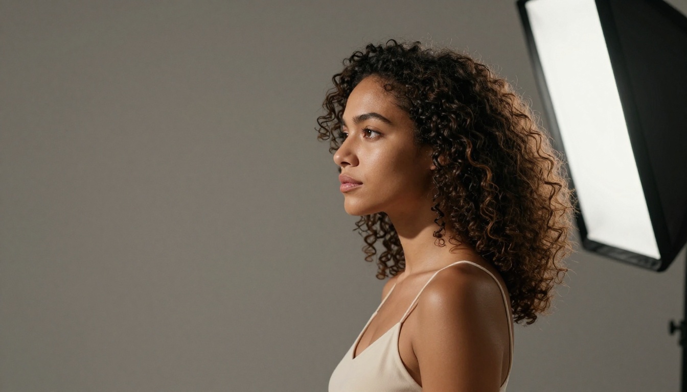 Side profile studio portrait of Latina woman with curly hair under softbox lighting, warm gray backdrop