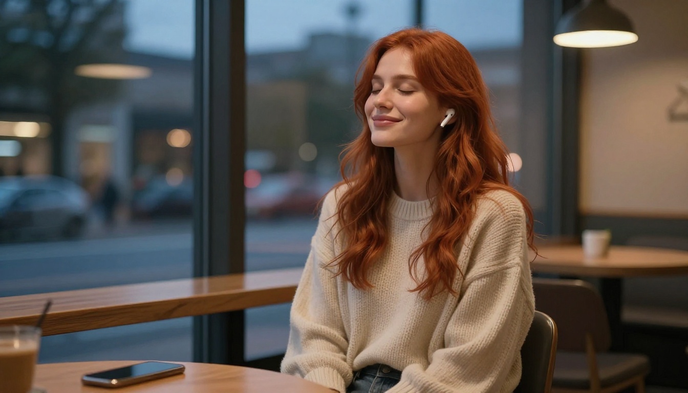 Woman with wireless earbuds, peaceful expression, evening coffee shop atmosphere
