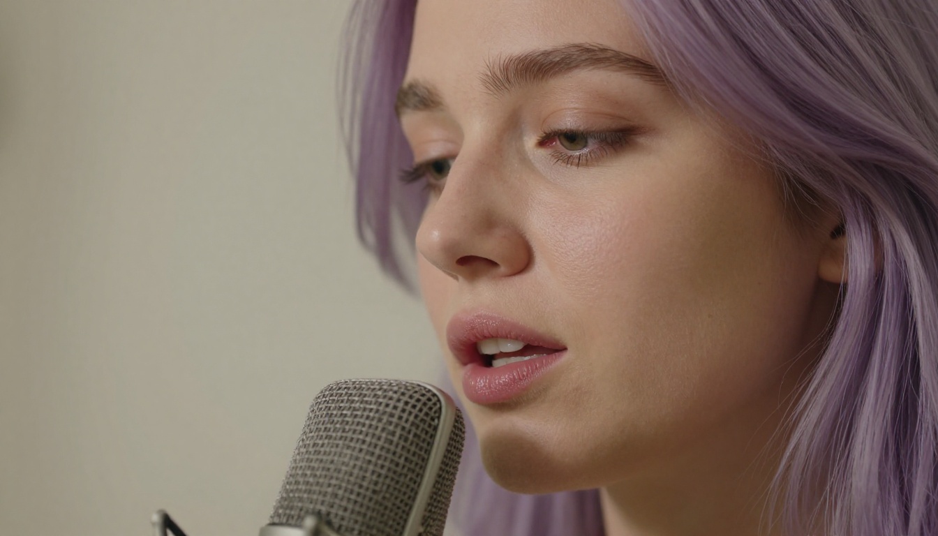 Close-up portrait of a woman with soft lavender-toned hair, eyes gently closed in concentration, speaking into a studio condenser microphone positioned at lip level