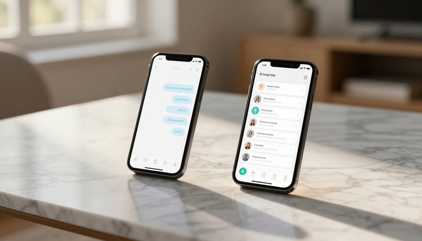AI companion apps displayed on two smartphones resting on a marble table