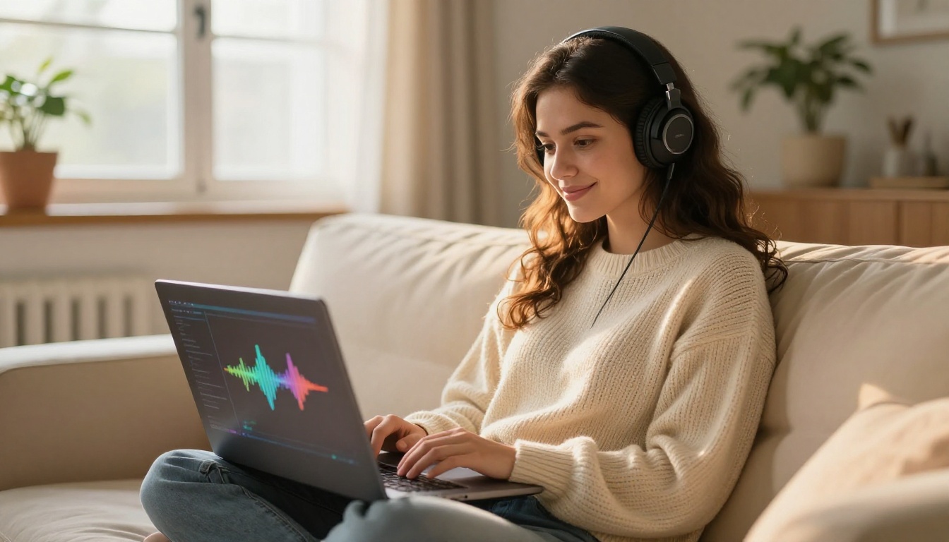 A woman with long dark wavy hair sits on a cream sofa with a laptop showing a voice waveform AI interface, wearing an oversized cream knit sweater, soft golden afternoon light behind her