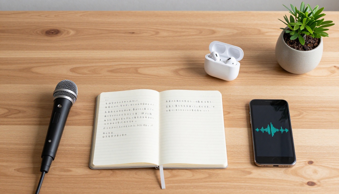Overhead aerial flat-lay shot of a minimal wooden desk with a professional USB microphone, a notebook with handwritten Japanese phrases, white earbuds in their case, and a phone showing a vocal waveform