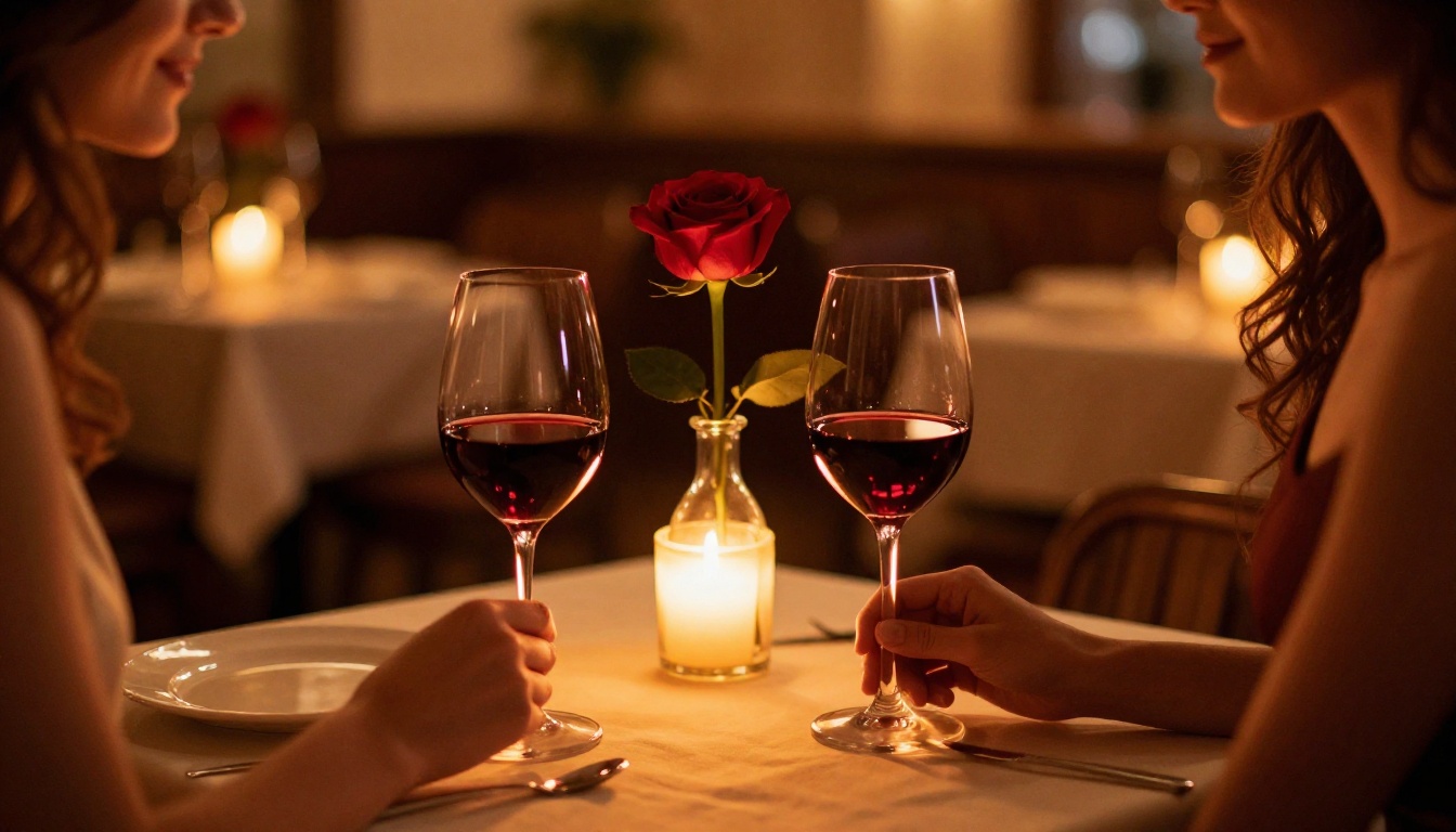 Intimate romantic dinner for two at a candlelit restaurant, warm amber atmosphere