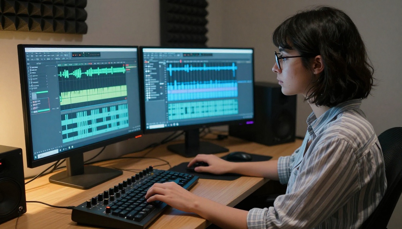 A woman with dark hair and glasses sits at a dual-monitor desktop showing audio waveform editing software on both screens, one hand on the keyboard, warm desk lamp lighting from the left