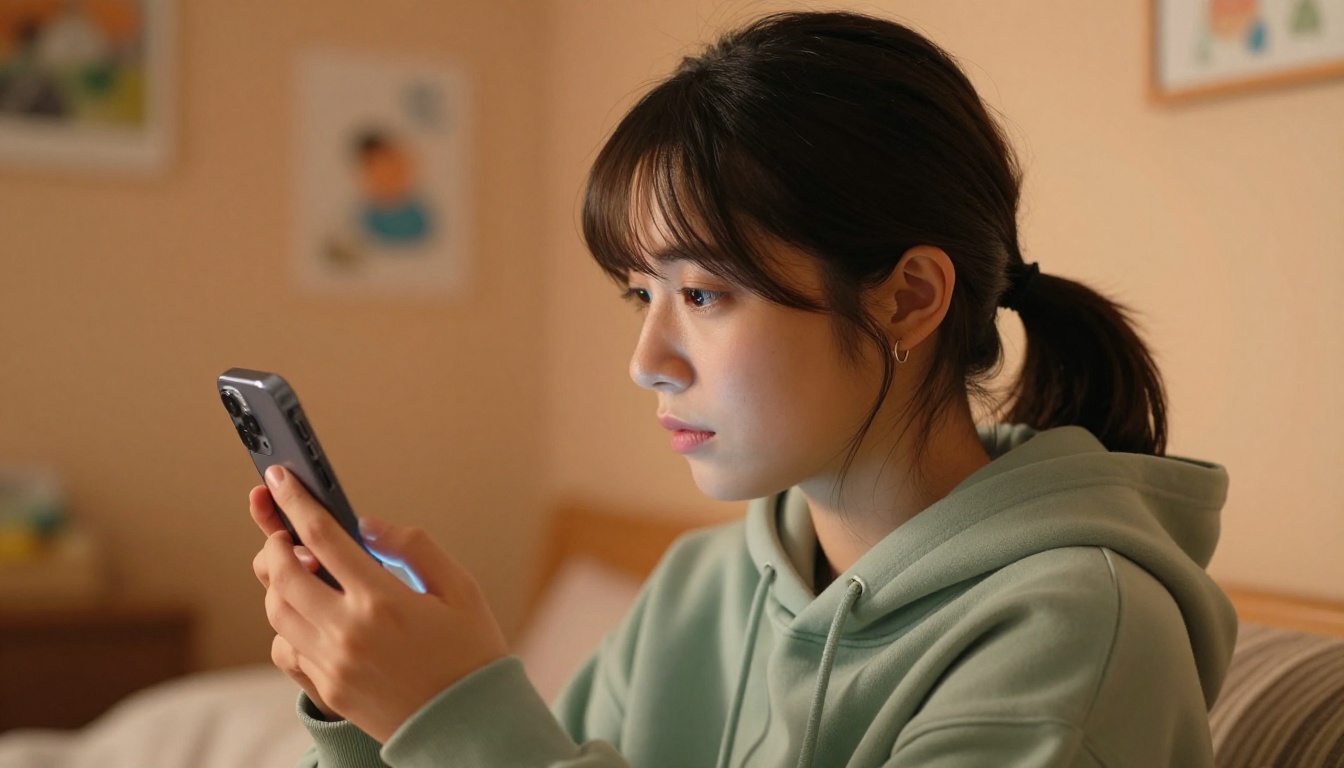 Side-profile portrait of a young Japanese woman in a sage-green hoodie holding a phone to her ear, warm late afternoon orange light highlighting the contour of her profile and hair