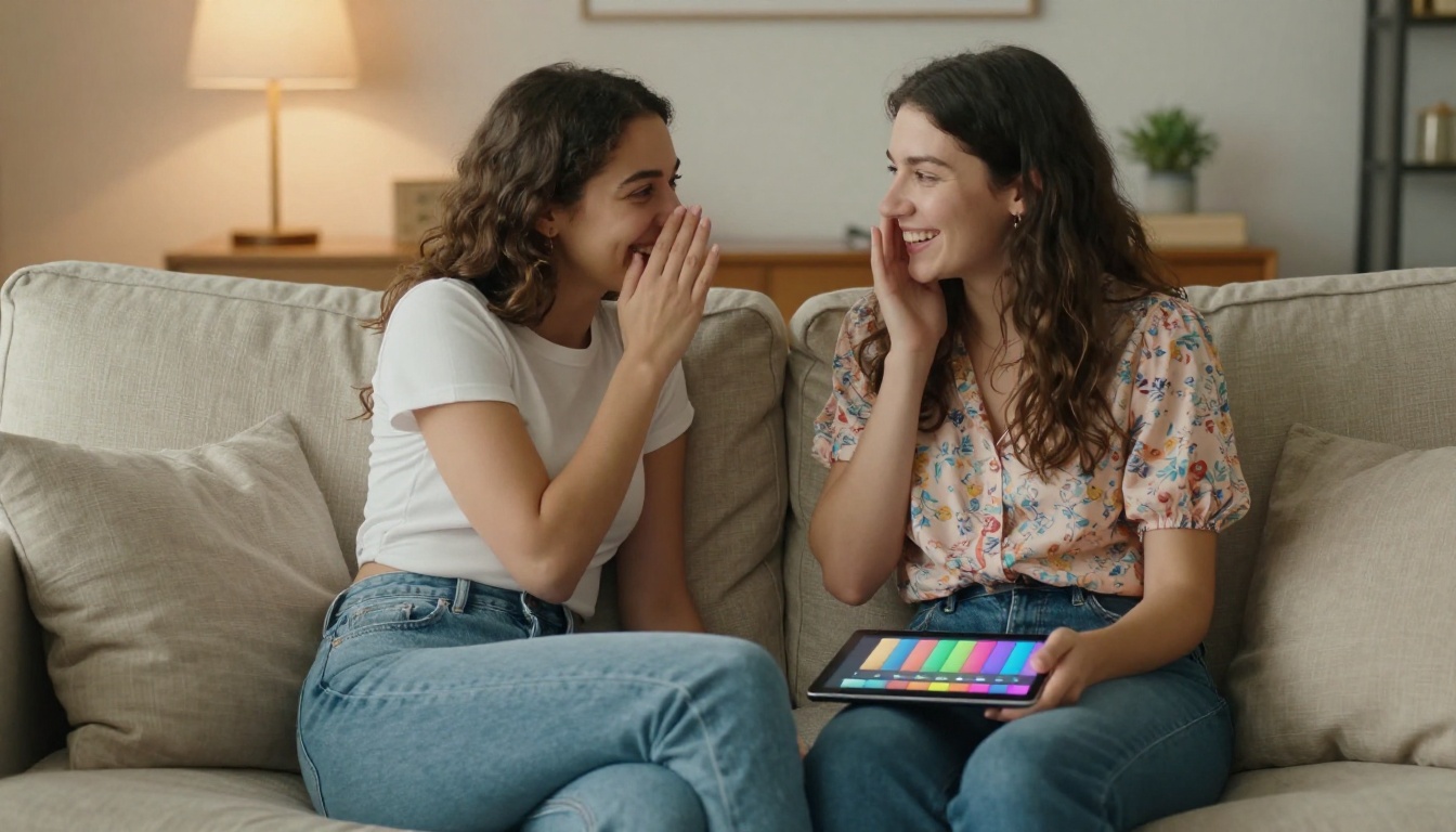 Two young women sitting together on a beige linen sofa, one whispering playfully to the other who holds a tablet showing a voice tone selector, both smiling, warm indoor lamp light
