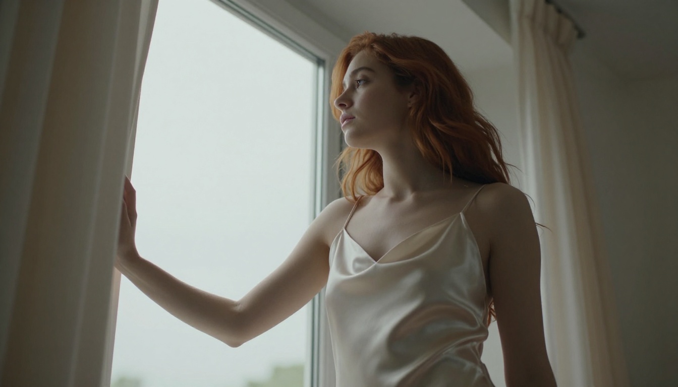 A young woman with flowing auburn hair stands near a window, bathed in diffused natural light, wearing a satin cream dress, looking out with a serene expression