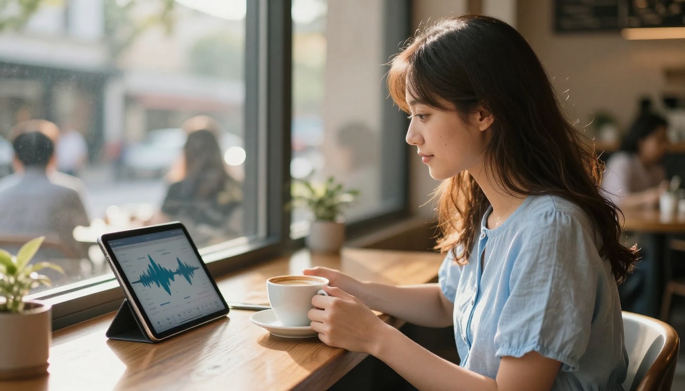 A young woman in a pastel blue sundress sits in a sunny café by a large window, gazing at a tablet showing a voice AI application with animated speech waveforms, morning light creating a warm rim glow on her hair