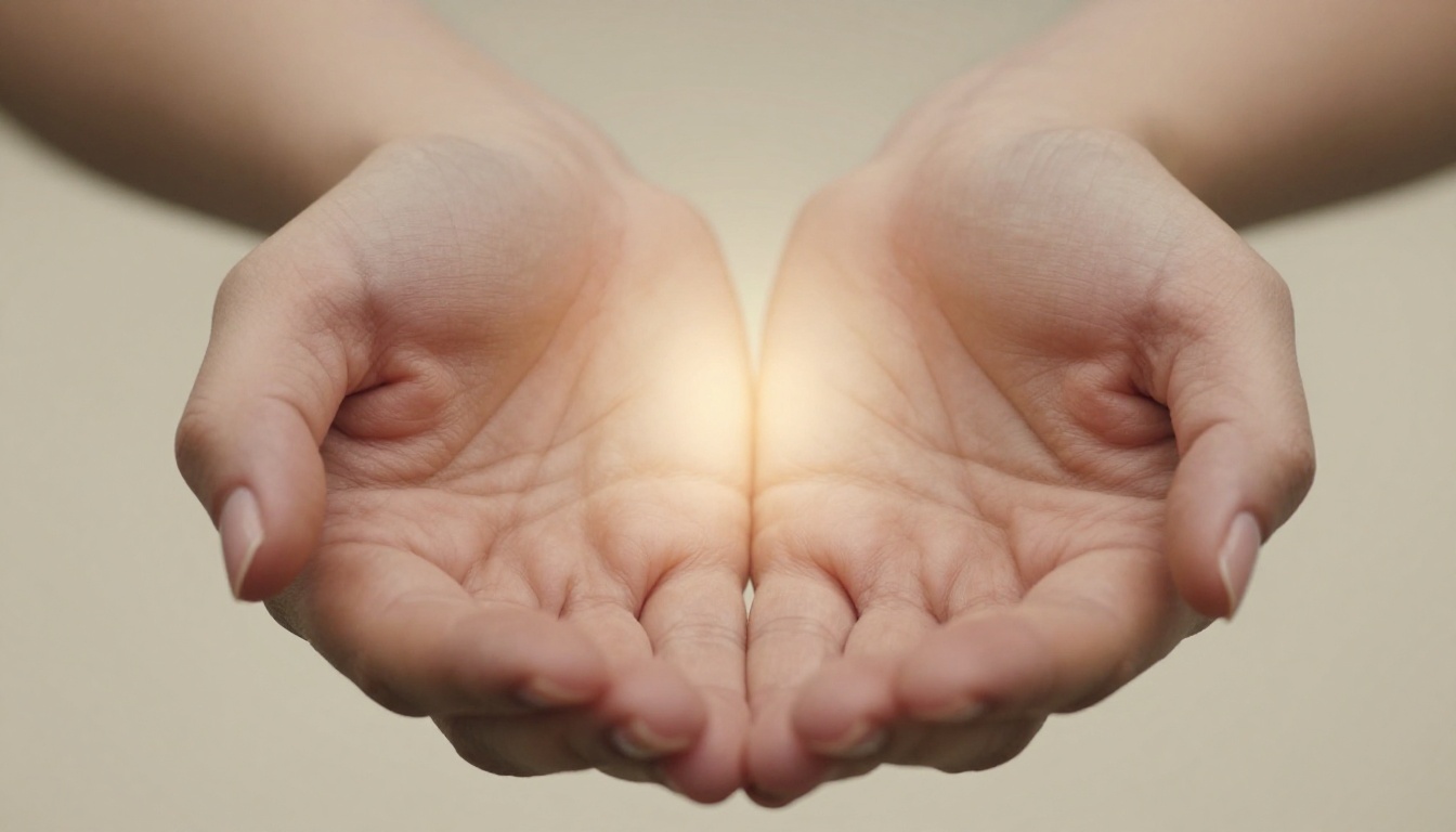 Intimate close-up of delicate hands held palms-up with a soft amber glow between them, symbolizing the intangible quality of a well-crafted voice personality, natural skin tones and fine detail