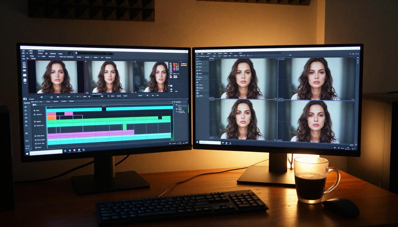 Video editor workstation showing face swap workflow on dual monitors