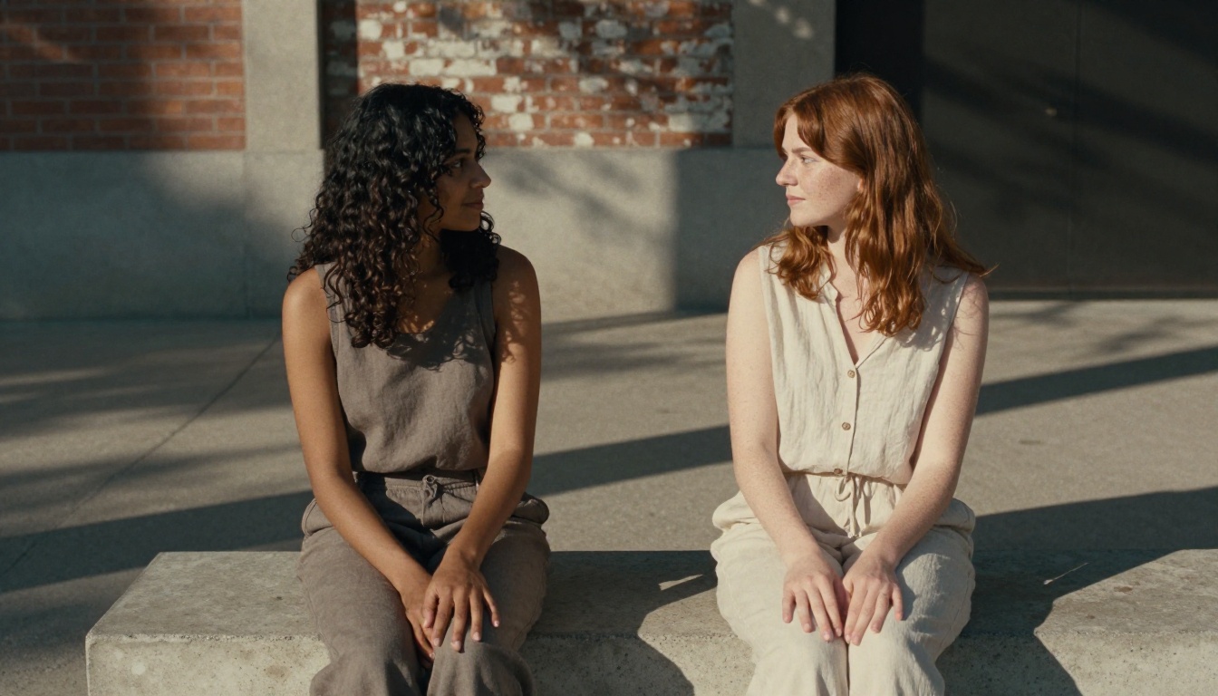 Two women seated side by side outdoors representing source and target face references
