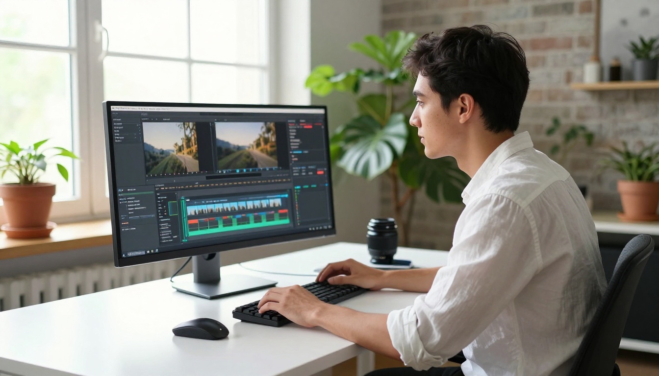 Male content creator at minimalist desk focused on video editing software monitor